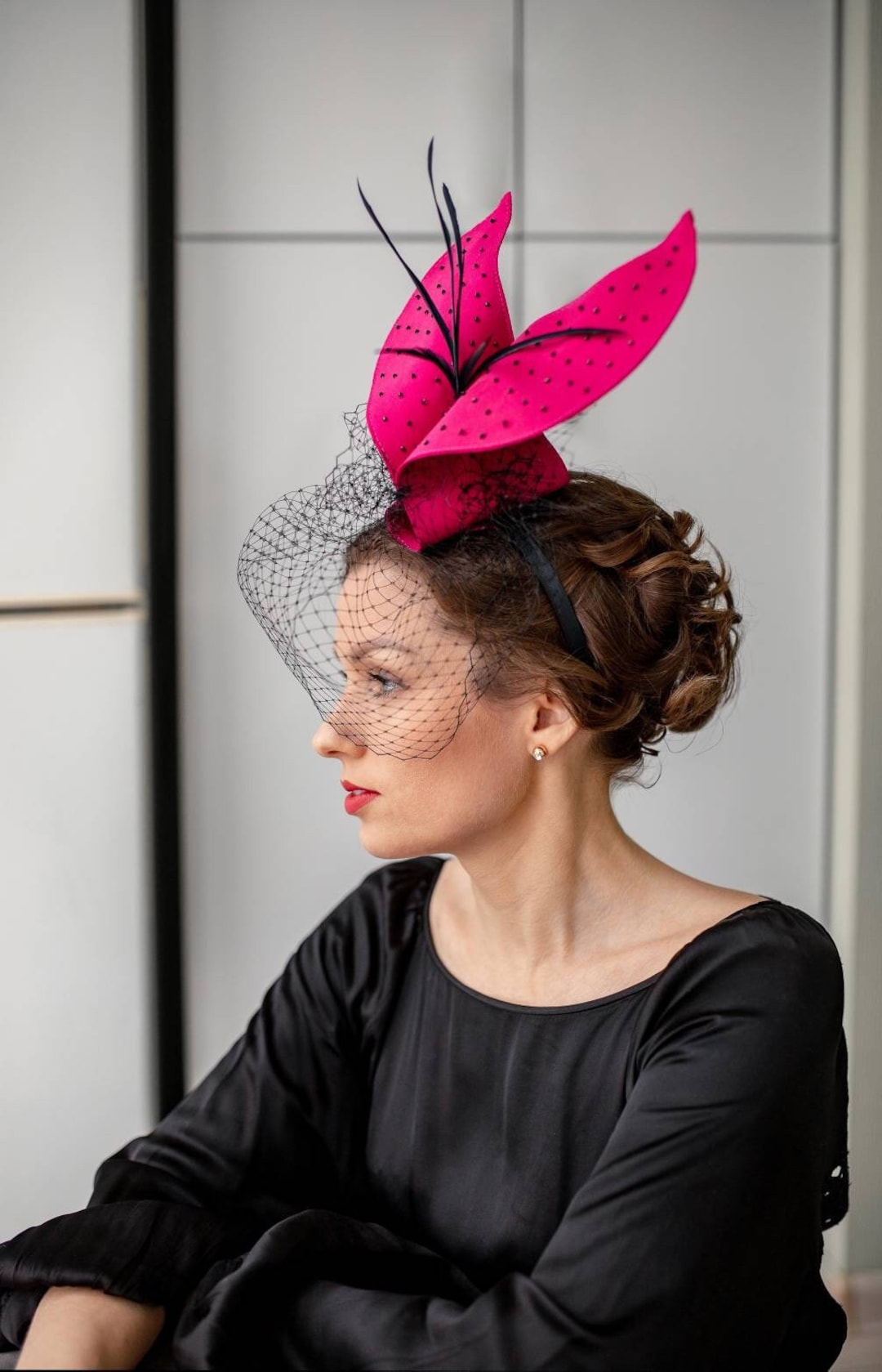 Hot Pink Kentucky Derby Fascinator: Black Birdcage Veil 