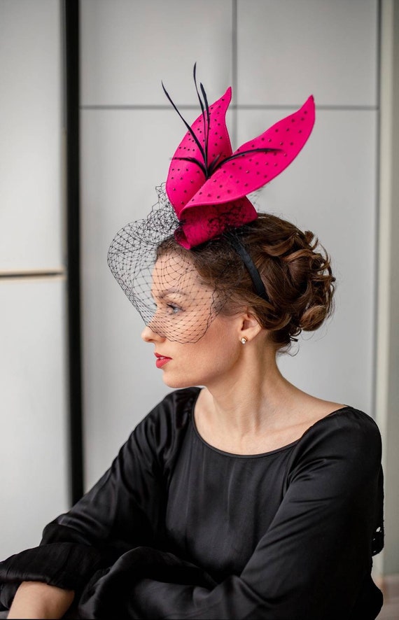 Hot Pink Kentucky Derby Fascinator: Black Birdcage Veil  display picture 1
