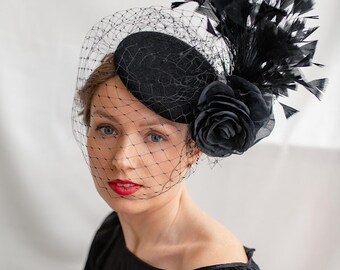 Black Fabulous Pillbox Feathered Fascinator Birdcage Hat Derby Equine Te… Beloved Millinery | Accessories | Grey Fabulous Pillbox  main image 2