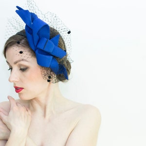 Fashion Designer Blue/Black Women Veil Fascinator Hat, Wedding Guest Fascinator, Evening Party Hair Headpiece, Derby Dress Hat READY to ship image 6