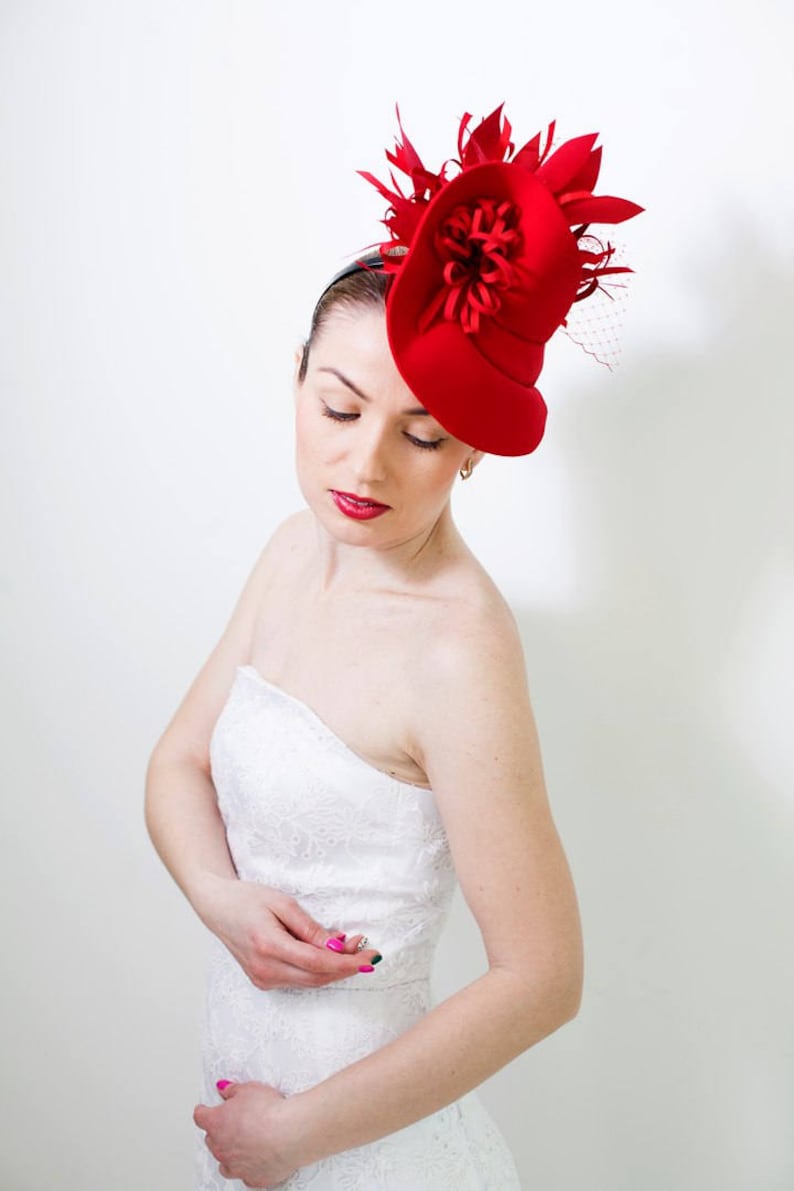 Fashion Designer Red Fascinator Hat with Birdcage Veil, Melbourne Royal Ascot Derby Fascinator Hat, evening party Dress hat READY TO SHIP 