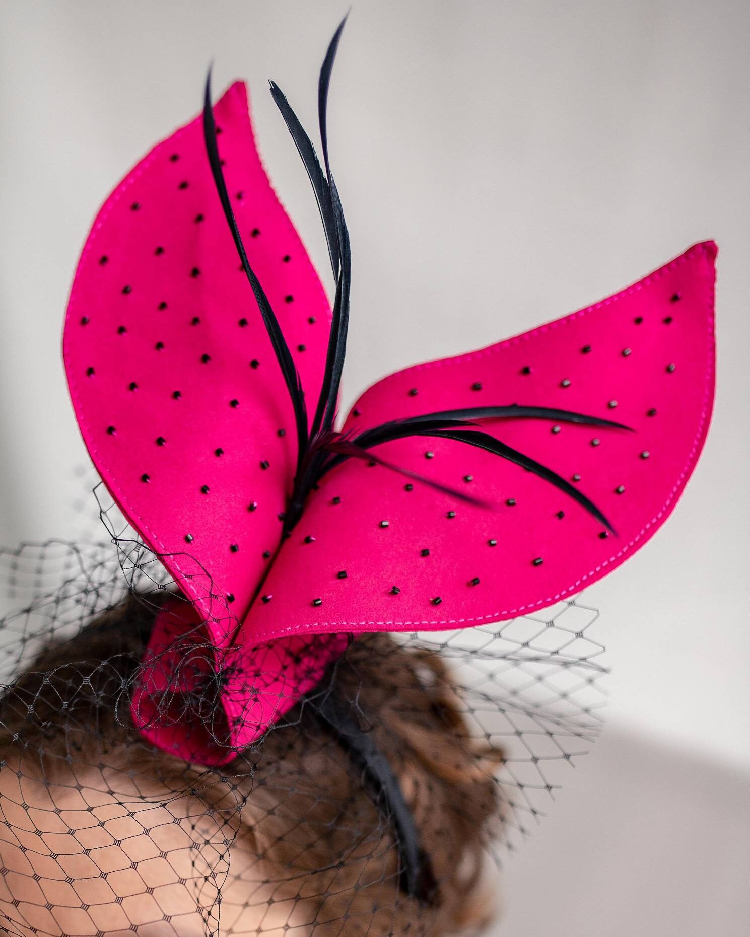 Kentucky Derby, Tea Party Hot Pink and Black Fascinator Hat Hot Pink Fascinator Hat: Kentucky Derby Race Day Tea Party  main image 3