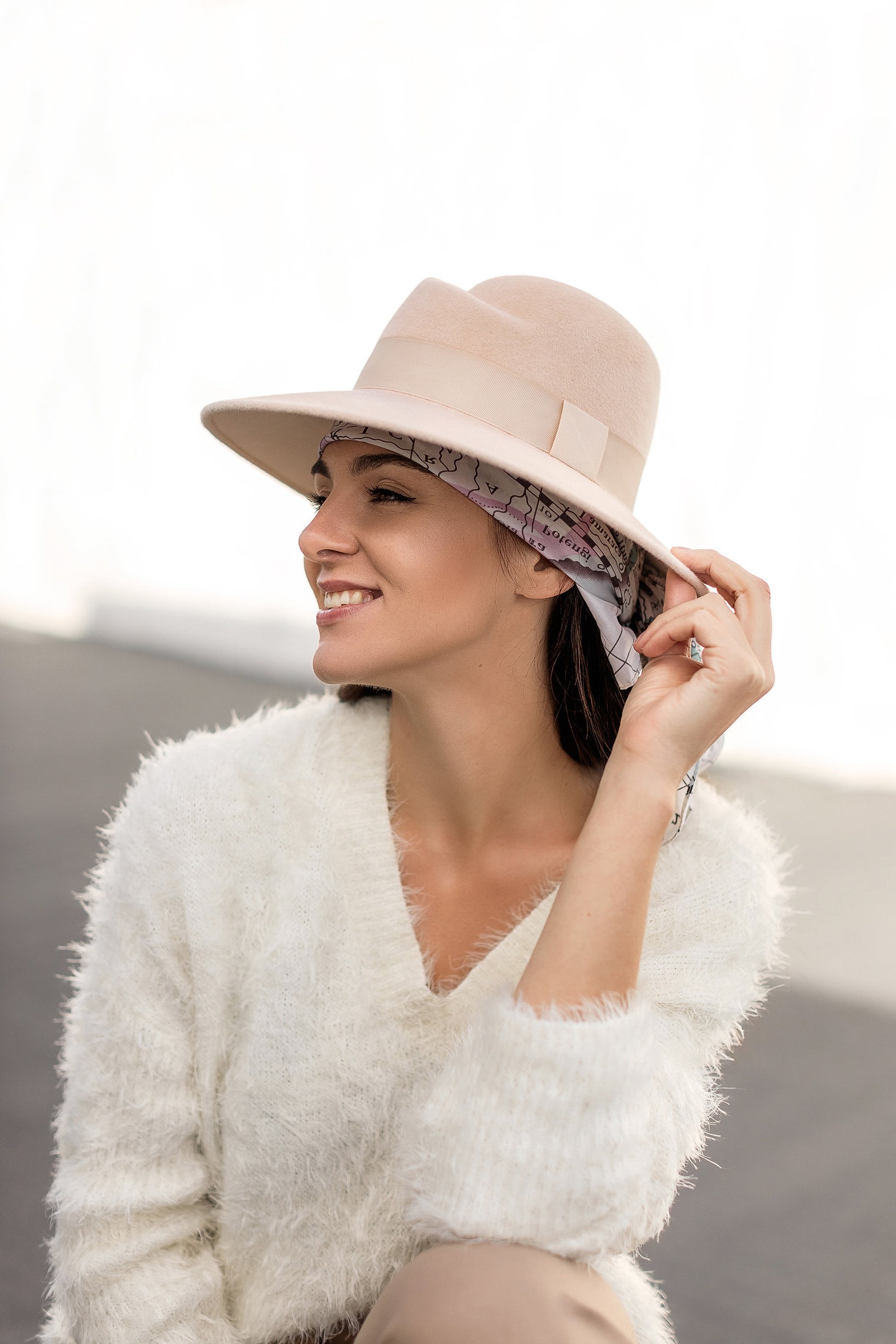 Beige Wool Women Fedora Hat With a Stiff Brim Wide Brim Etsy