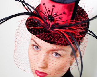 Black & Red Mini Top Hat w Feathers Fascinator Ivette Red Mini Hat Fascinator with Black Feathers Hair  main image 3