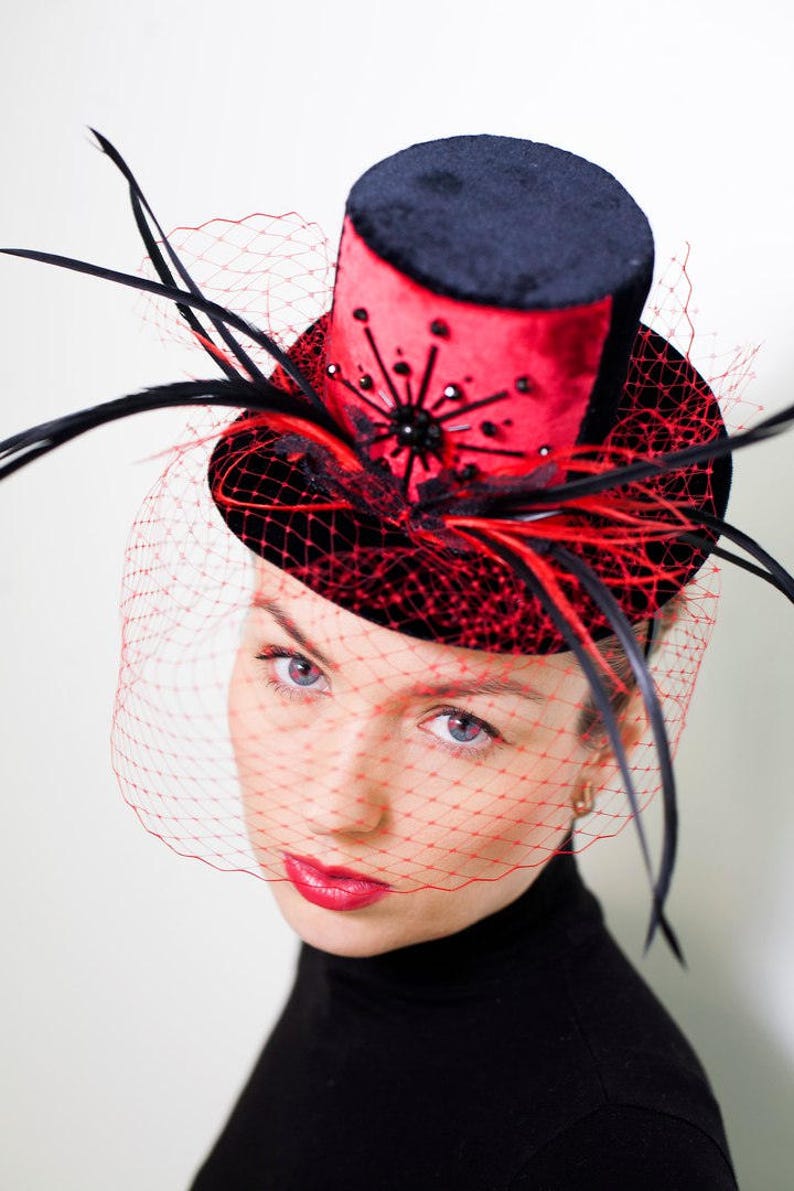 Black/Red Modern Mini Top Hat with veil Race Hat Feathers Etsy