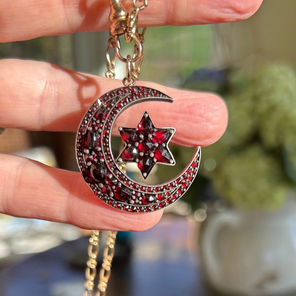 Antique Victorian Bohemian Garnet Crscent with Star Pendant