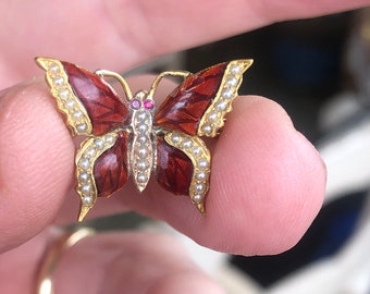 Antique Art NOuveau 14k Enamel Butterfly Brooch Riker
