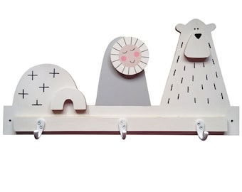 Our arctic scene triple coat hooks for kids is a fun handmade playroom storage. Wooden eco friendly wall kids rack or coat hooks for nursery