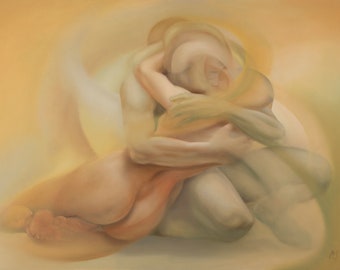 May include: An abstract painting in warm tones depicts two figures embracing. The figures are rendered with soft edges and a blurred effect, creating a sense of movement and intimacy. The color palette includes shades of yellow, orange, and beige.