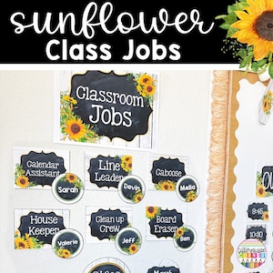 Editable Classroom Jobs Chart Template | Sunflower Farmhouse Classroom Decor | Classroom job chart | Classroom Jobs Cards