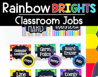 Plantilla editable de gráfico de trabajos en el aula / Decoración del aula arco iris / Gráfico de trabajos en el aula / Tarjetas de trabajos en el aula arco iris Signo de aula arco iris