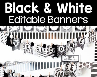 Editable Black and White Bunting Bulletin Board Banner Letters | Black and White Classroom Decor | Modern Classroom Bunting Banner