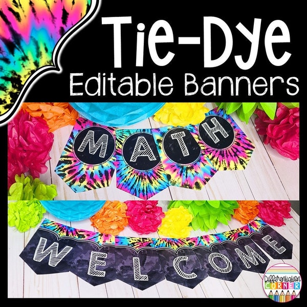 Editable Tie Dye Retro Bunting Bulletin Board Banner Letters Tie Dye Retro Classroom Decor | Groovy Hippie Bunting Banner 60s 70s Classroom