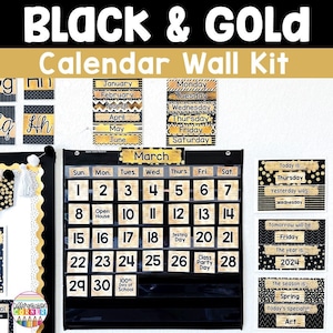 Ensemble de calendrier de classe noir et or et affichage de la météo Décoration de salle de classe noir et or Kit mural de calendrier de classe Cartes de calendrier de classe