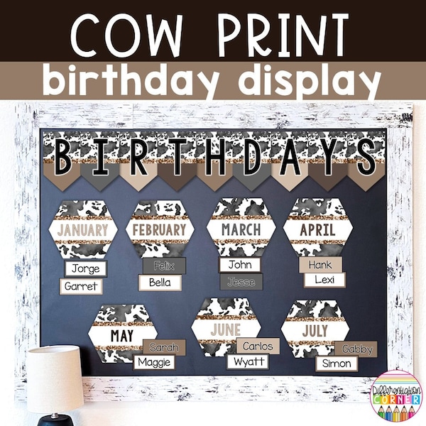 Cow Print Classroom Birthday Display Farmhouse Classroom Decor Cow Print Classroom Birthday Chart | Birthday Bulletin Board Birthday Poster