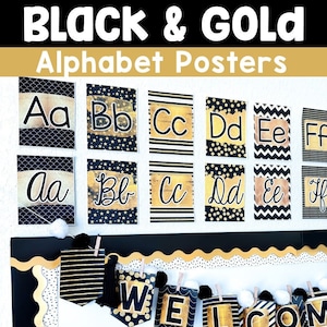 Cursive and Print Alphabet Posters for the Classroom Black and Gold Classroom Decor Printable Alphabet Posters Black and Gold Classroom
