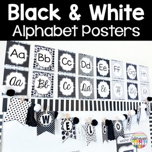 Carteles del alfabeto para el aula Decoración del aula en blanco y negro Carteles del alfabeto con líneas de escritura a mano Carteles del alfabeto con imágenes Cursiva
