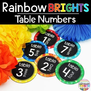 May include: Rainbow colored table numbers with a black background and white text. The numbers are one through seven. The text says "table one", "table two", "table three", "table four", "table five", "table six", and "table seven".
