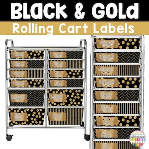 10 Schubladen Rollwagen Etiketten Bearbeitbar Schwarz und Gold Klassenzimmer Dekor Rollwagen Etiketten Schwarz und Gold Thema Klassenzimmer Dekor