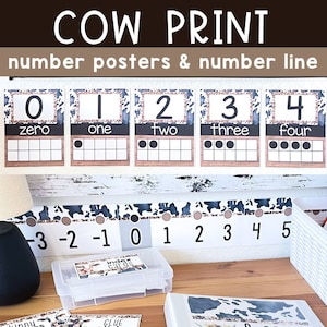 Number Posters 0-30 Number Line Negative Numbers | Cow Print Farmhouse Classroom Decor | Cow Print Number Posters Calming Classroom Decor