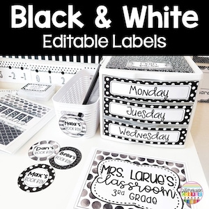 Etiquetas editables para el aula Decoración del aula en blanco y negro Etiquetas de útiles para el aula Letreros, carteles, etiquetas y etiquetas para el aula