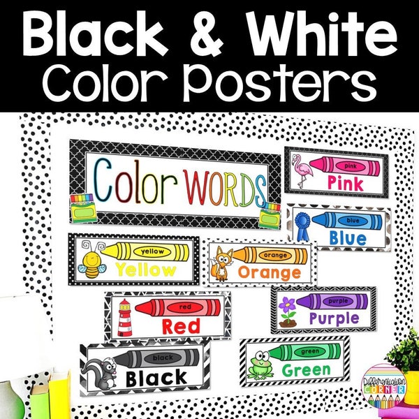 PRINTABLE Color Posters Pack | Black and White Classroom Decor | Black and White Colors Posters | Black and White Colors Bulletin Board