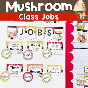 Editable Classroom Job Chart Template Mushroom Retro Classroom Decor Classroom jobs display Classroom Jobs Printable Cards Toadstool