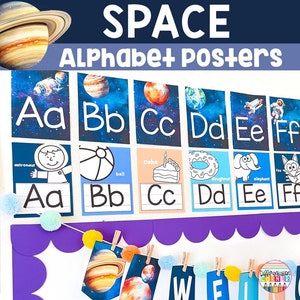 Cartazes de alfabeto cursivo e impresso para o espaço da sala de aula Decoração da sala de aula Cartazes de alfabeto para impressão Cartazes de sala de aula do espaço