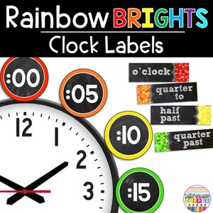 PRINTABLE Rainbow Clock Label Numbers in 5 Minute intervals | Rainbow Classroom Decor | Clock Number Labels | Clock Labels