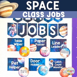 Editable Classroom Job Chart Template Space Classroom Decor Theme Classroom jobs display Classroom Jobs Printable Cards Galaxy Classroom