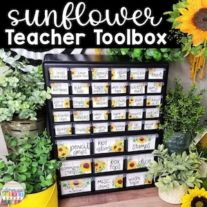 Teacher Tool Box Labels, Sunflower Modern Farmhouse Teacher Toolbox Labels Editable Sunflower Classroom Decor