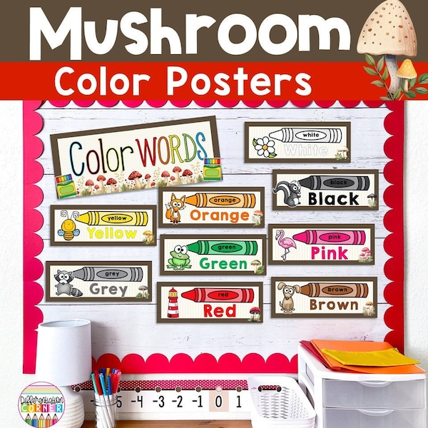 PRINTABLE Color Posters Pack Mushroom Retro Classroom Decor Colors Posters Color Posters for Classroom Groovy Classroom Decor Cottage Core