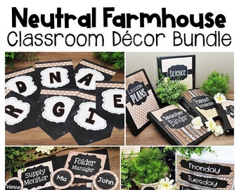 Farmhouse Neutral Classroom Decor Bundle | Classroom Bulletin Board Signs & Posters | Farmhouse Classroom Decorations