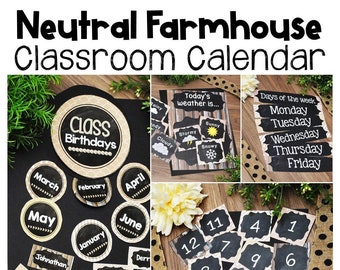 Farmhouse Neutral Classroom Calendar & Weather Display Set | Farmhouse Neutral Classroom Decor  Classroom Calendar Wall Kit Birthday Display