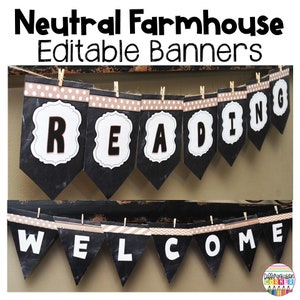Editable Farmhouse Bunting Bulletin Board Banner Letters | Neutral Farmhouse Classroom Decor | Neutral Bunting Banner Farmhouse Classroom