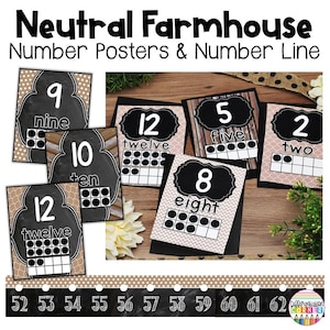 Number Posters 0-30 Number Line with Negative Numbers | Farmhouse Neutral Classroom Decor | Farmhouse Neutral Number Posters