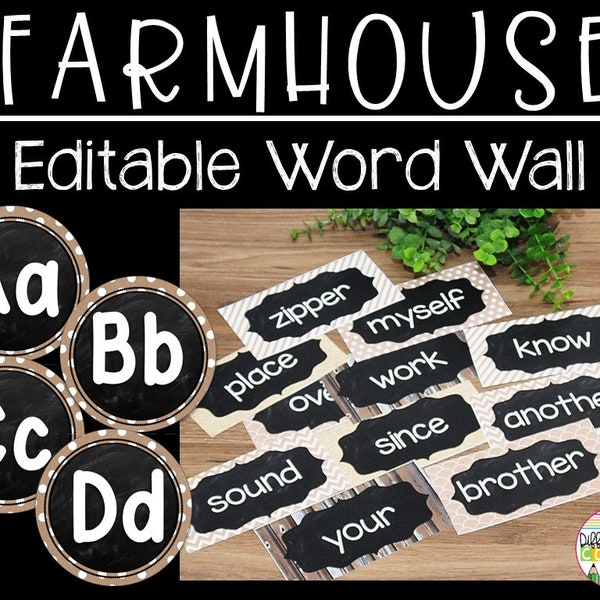 Klassenzimmer Word Wall Display Bearbeitbar | Neutrales Klassenzimmer Dekor | Wort Wand Pinnwand | Bauernhaus Neutral Alphabet Word Kit