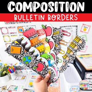 Könnte beinhalten: Eine Hand hält einen Fächer aus farbenfrohen Pinnwand-Bordüren. Die Bordüren zeigen Designs zum Thema Schule wie Äpfel, Bleistifte, Lineale und Globen, alles vor einem schwarz-weißen Hintergrund aus Kompositionsnotizpapier. Der Text "COMPOSITION BULLETIN BORDERS" steht oben.