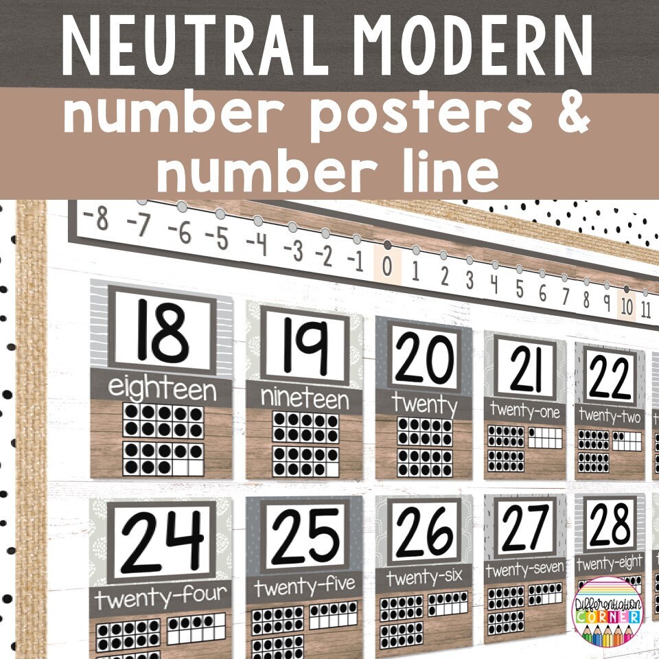 Number Posters 0-30 Number Line Negative Numbers | Neutral Boho Classroom Decor | Neutral Number Posters Calming Classroom Decor Posters