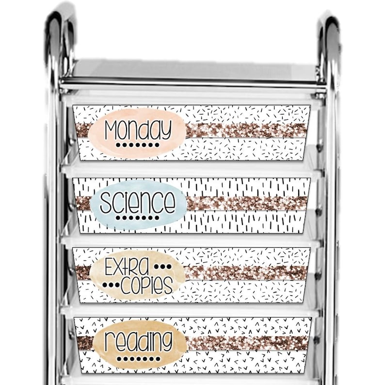 May include: A four-tiered rolling cart with white bins featuring labels for "Monday", "Science", "Extra Copies", and "Reading". Each label is a different color and has a decorative glitter stripe. The bins have a black and white speckled pattern.