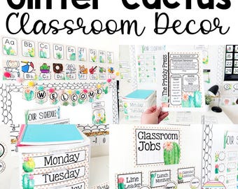 May include: Classroom decor set with a glitter cactus theme. Includes alphabet cards, schedule displays, and job charts. The text "Glitter Cactus Classroom Decor" is at the top. The set features watercolor cactus illustrations and a variety of classroom organization tools.