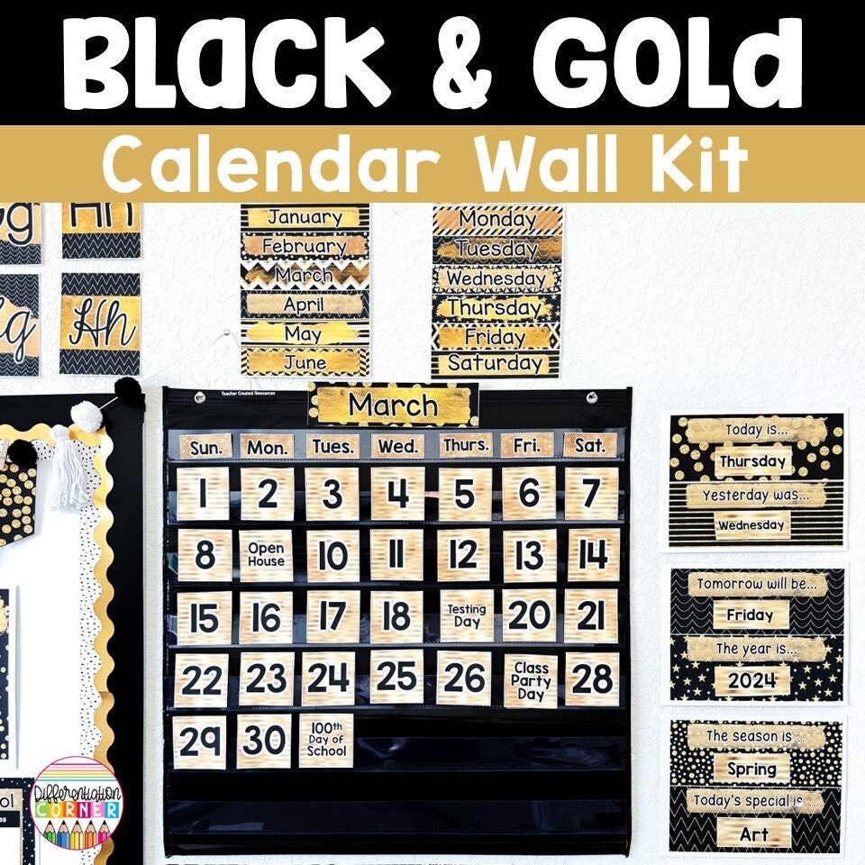 black-and-gold-classroom-calendar-set-weather-display-black-and-gold-classroom-decor-classroom-calendar-wall-kit-classroom-calendar-cards-etsy