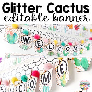 Quadro de avisos de estamenha editável Cartas de banner de boas-vindas | Decoração de sala de aula com cactos e suculentas | Bandeira de bandeirinha