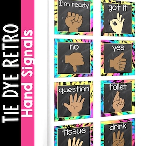 Bright Classroom Hand Signal Posters Tie Dye Retro Classroom Decor, Editable Hand Signal Signs for Classroom Groovy Classroom Decor Hippie