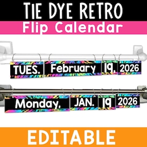 Klapp-Kalender für das Klassenzimmer Buntes Thema Klassenzimmer Bearbeitbarer Klapp-Kalender für die Schule Tie Dye-Klassen-Dekor-Themenkalender Flip Chart Karten