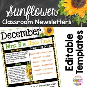Editable Classroom Newsletter Template | Sunflower Farmhouse Classroom Decor | Monthly Newsletter Templates