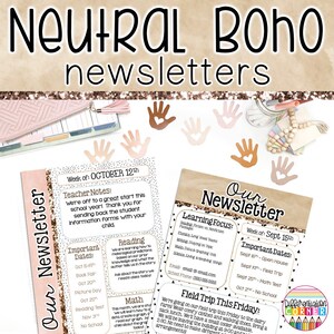 Könnte beinhalten: Eine druckbare Newsletter-Vorlage mit einem neutralen Boho-Look. Die Vorlage hat einen braunen und weißen Hintergrund mit goldenen Glitzerakzenten. Der Text enthält die Wörter "Unser Newsletter" und "Woche vom: 12. Oktober".