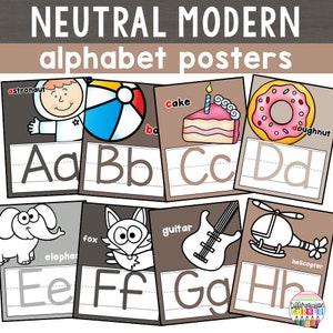Carteles del alfabeto con imágenes para el aula / Decoración neutral del aula boho / Carteles del alfabeto imprimibles / Carteles neutros del aula