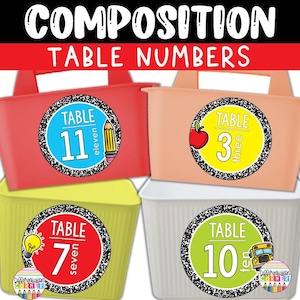 Könnte beinhalten: Vier farbenfrohe Tisch-Nummern-Behälter für das Klassenzimmer. Jeder Behälter hat ein rundes Etikett mit einer Tischnummer und einem entsprechenden Bild. Der Text "COMPOSITION TABLE NUMBERS" steht oben im Bild.