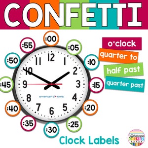 PRINTABLE Confetti Rainbow Clock Label Numbers in 5 Minute intervals | Confetti Rainbow Classroom Decor | Clock Number Labels | Clock Labels